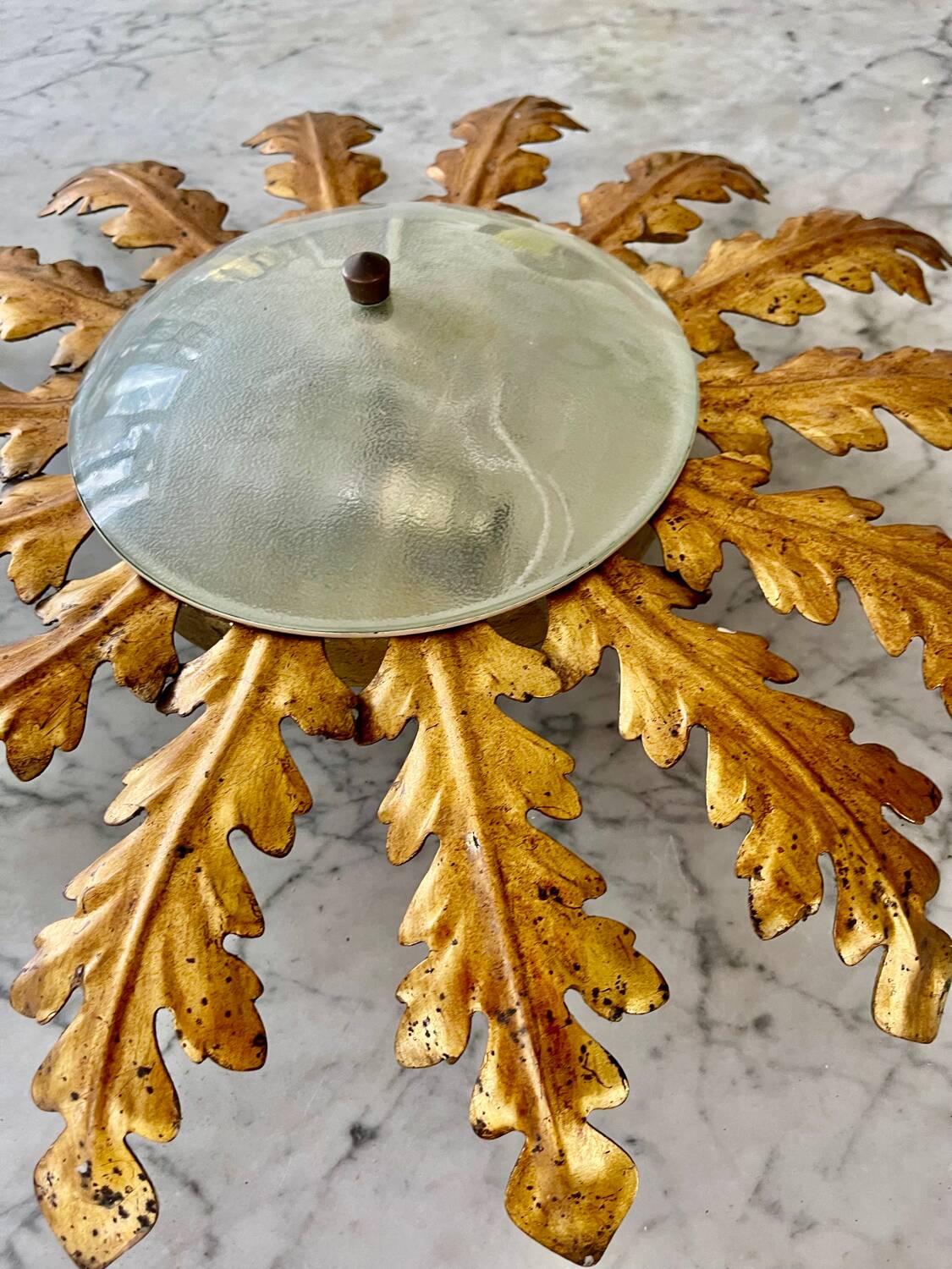 Golden sunburst ceiling chandelier with metal and glass, 1960s