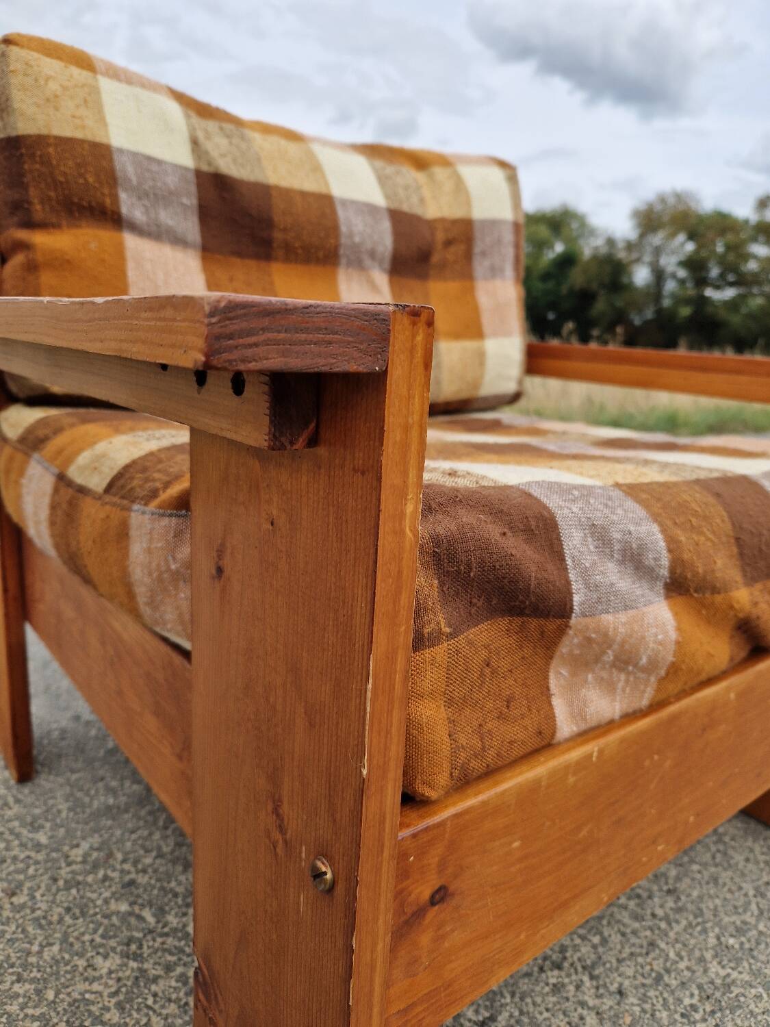 Pair of brutalist pine armchairs circa 1960