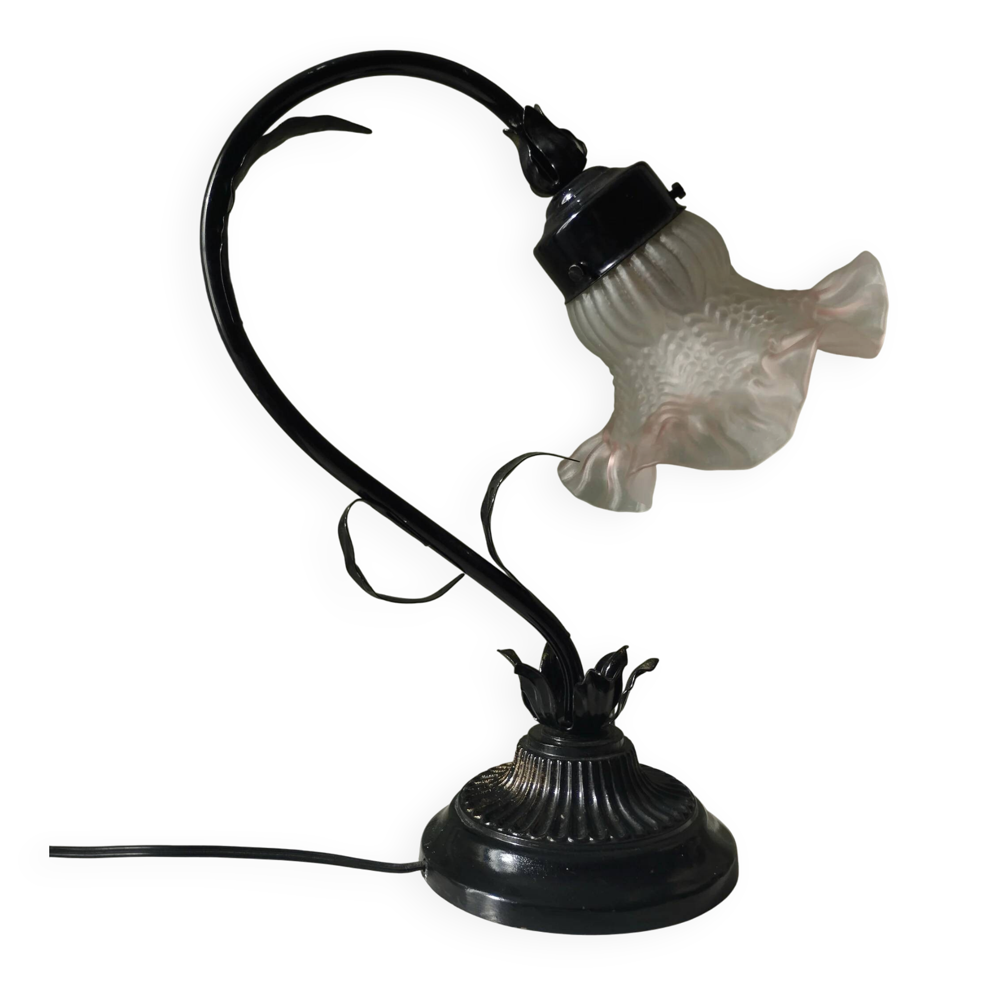Tulip lamp in patinated black metal with an opaque glass shade.