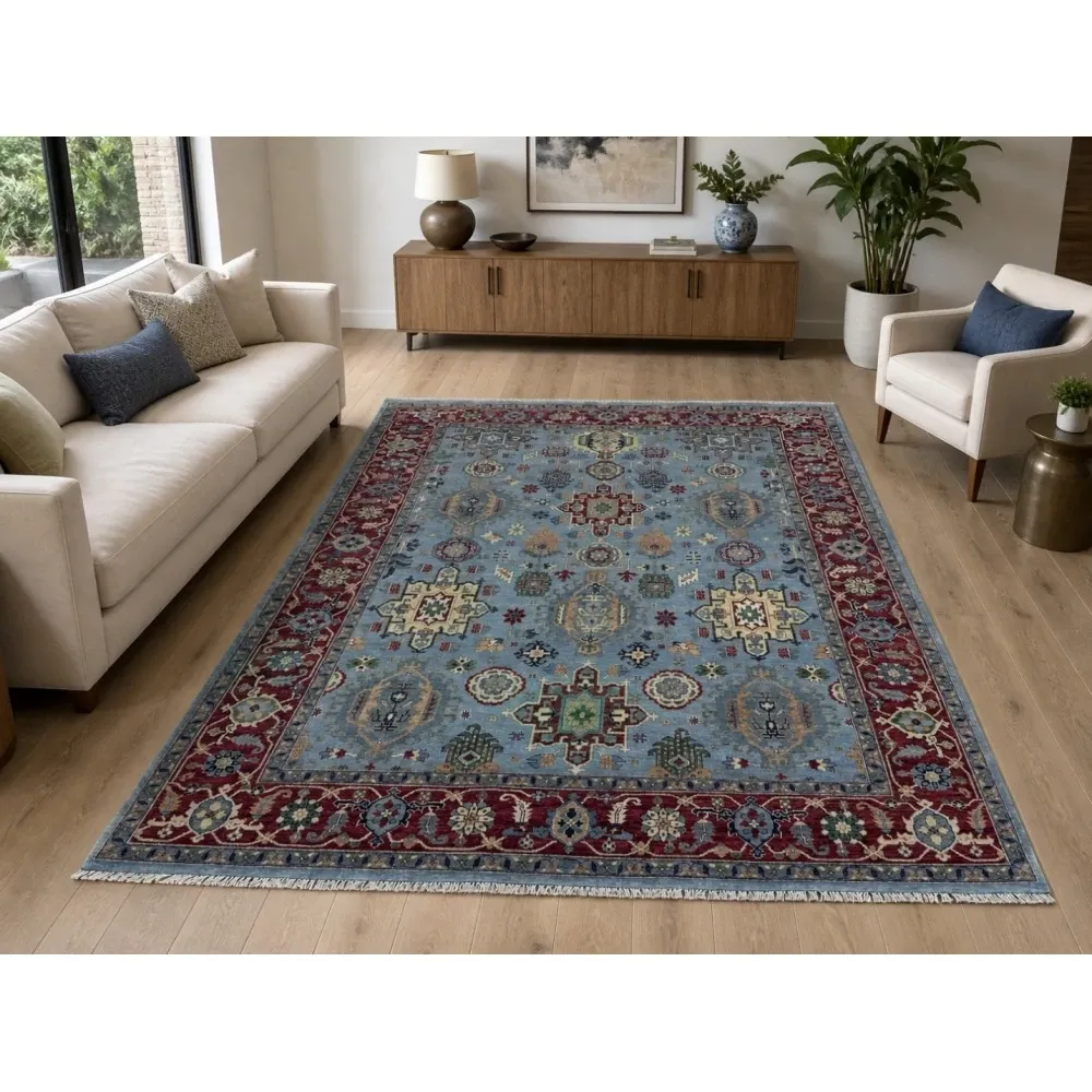Hand-Knotted Wool Area Rug, Modern Floral Design Blue Carpet for Living Room