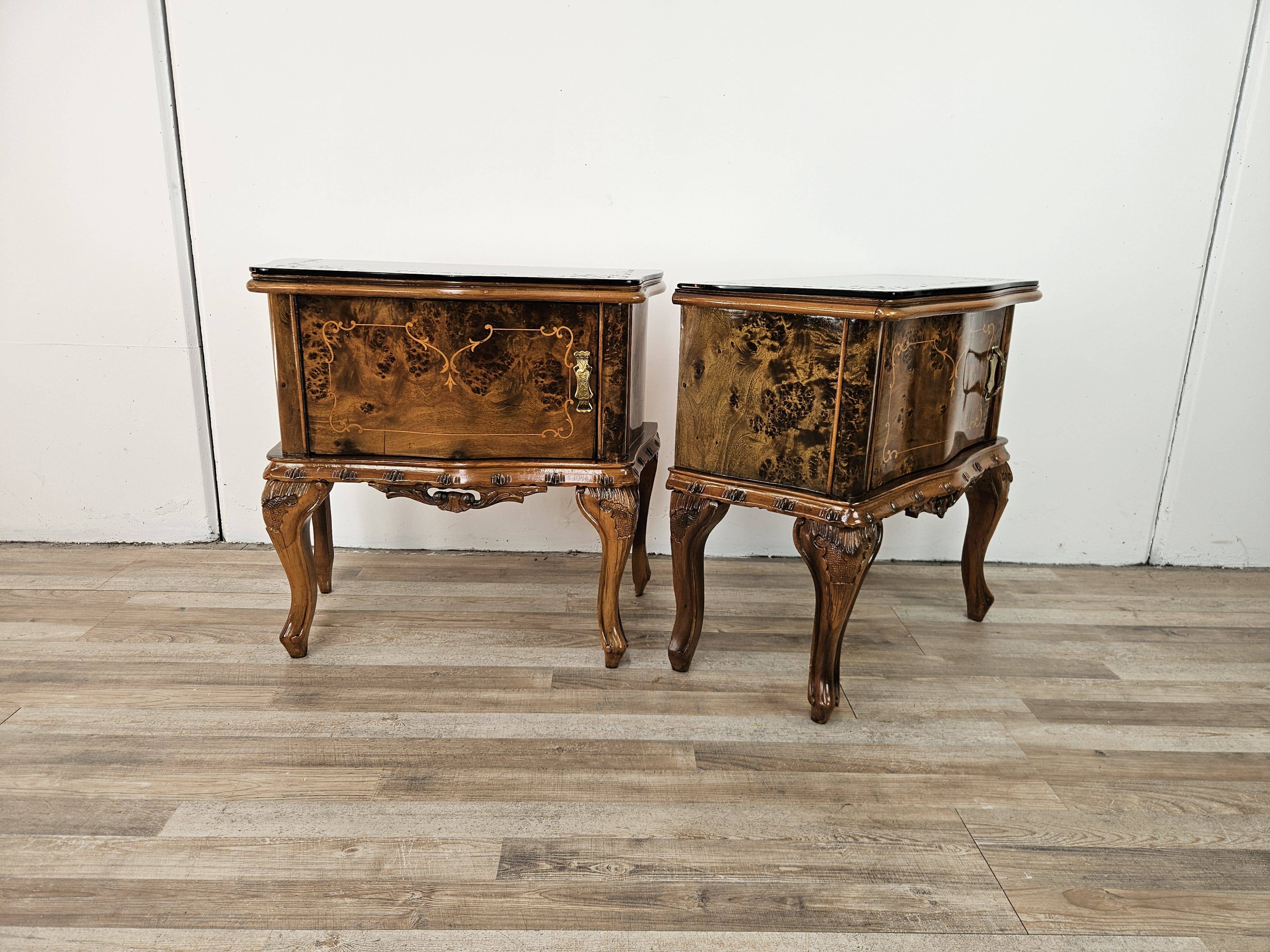 1950s Chippendale bedside tables with black glass