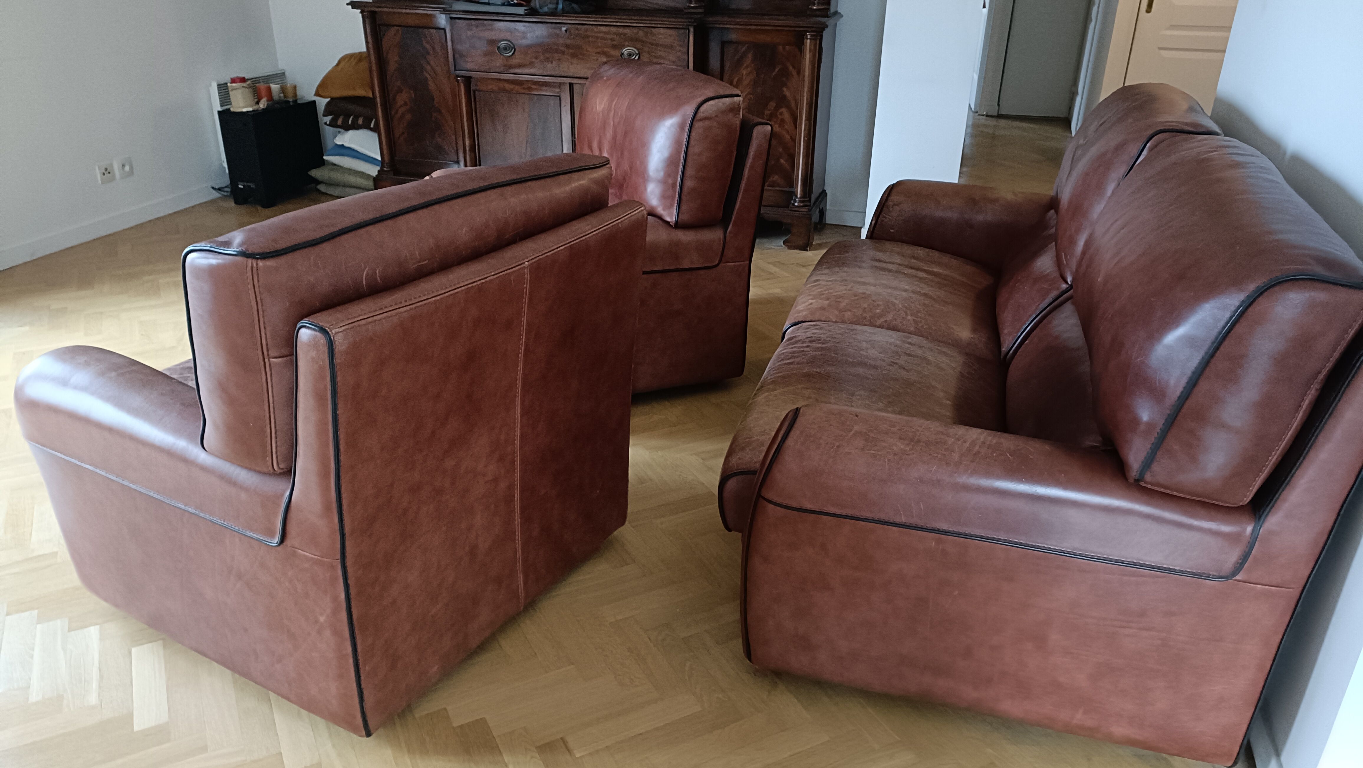 Sofa 2 armchairs vintage leather