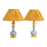 Pair of celadon porcelain and gilt bronze lamps. Circa 1880.