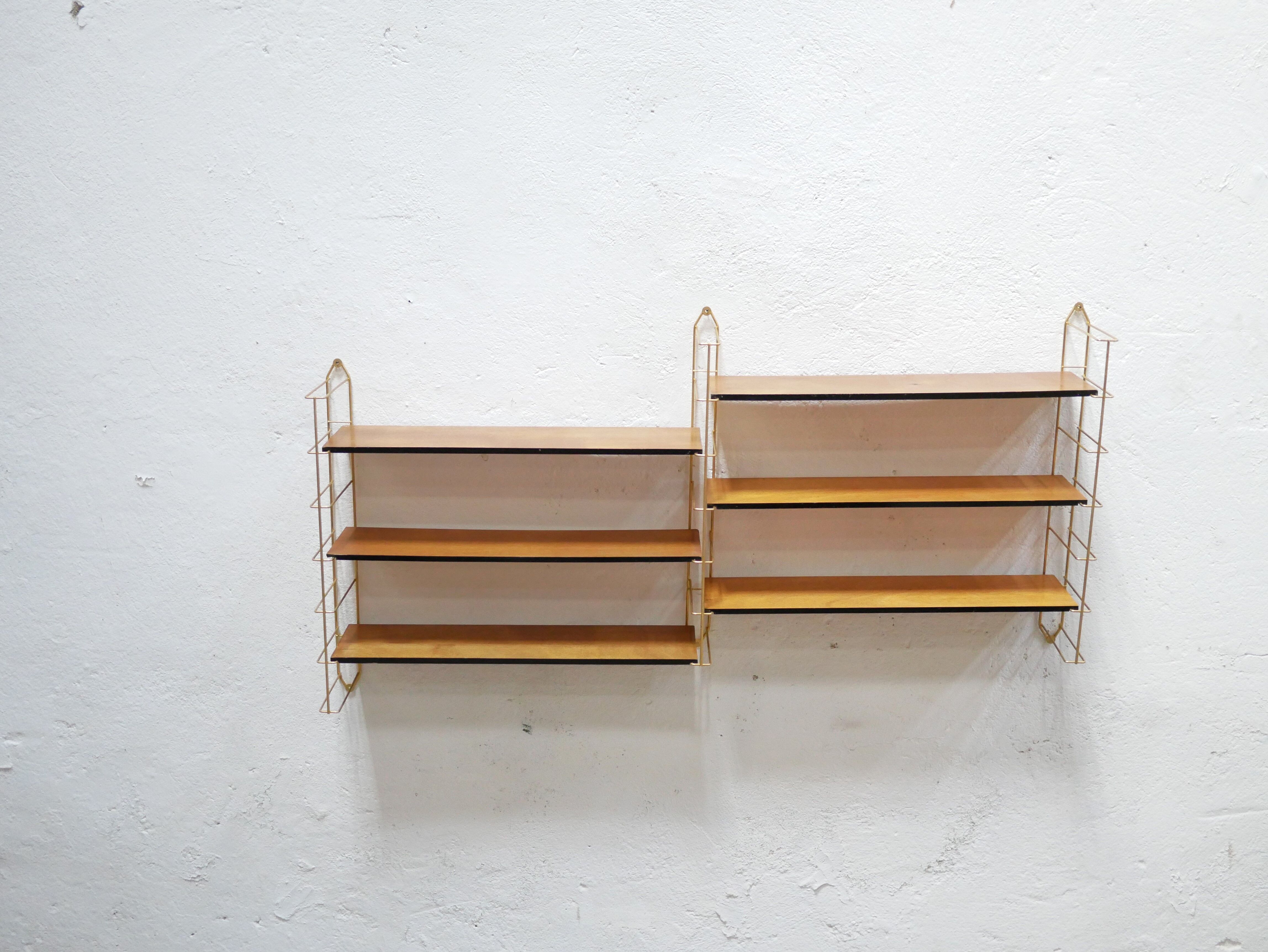 Vintage modular wall shelf in brass and wood