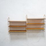 Vintage modular wall shelf in brass and wood