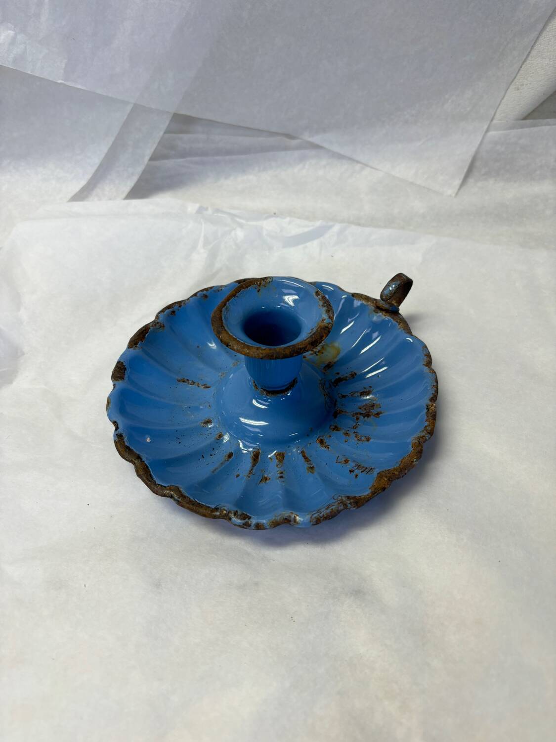 Blue enameled candle holder