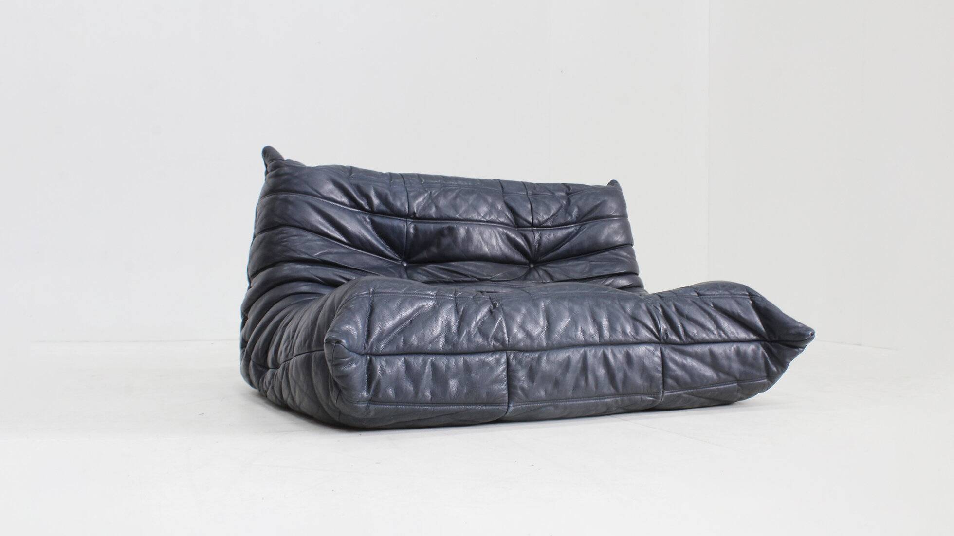 Vintage Togo Ligne Roset 2 seater sofa blue leather by Michel Ducaroy 1990s