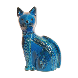 Vintage cat statue, Aldo Londi for Bitossi, Rimini blue series.