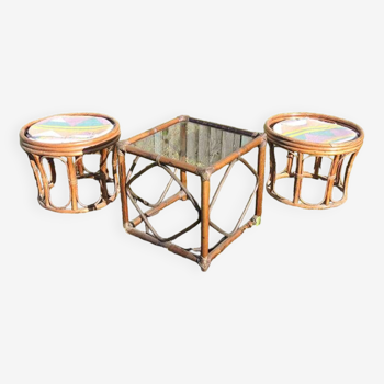 2 old rattan stools & coffee table