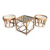 2 anciens tabourets & table basse en rotin