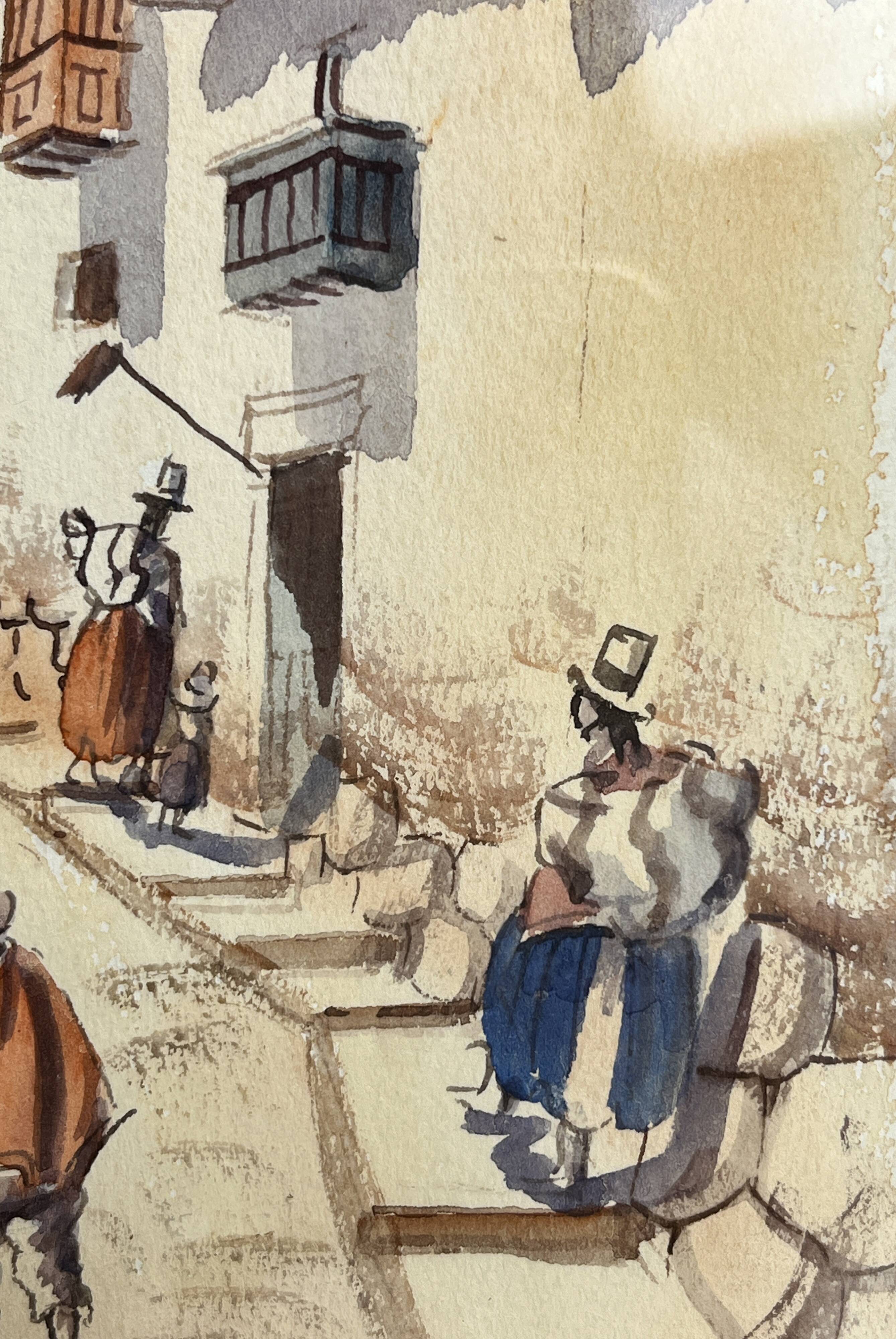 Gouache, lively street scene, South America, signed, 20th century