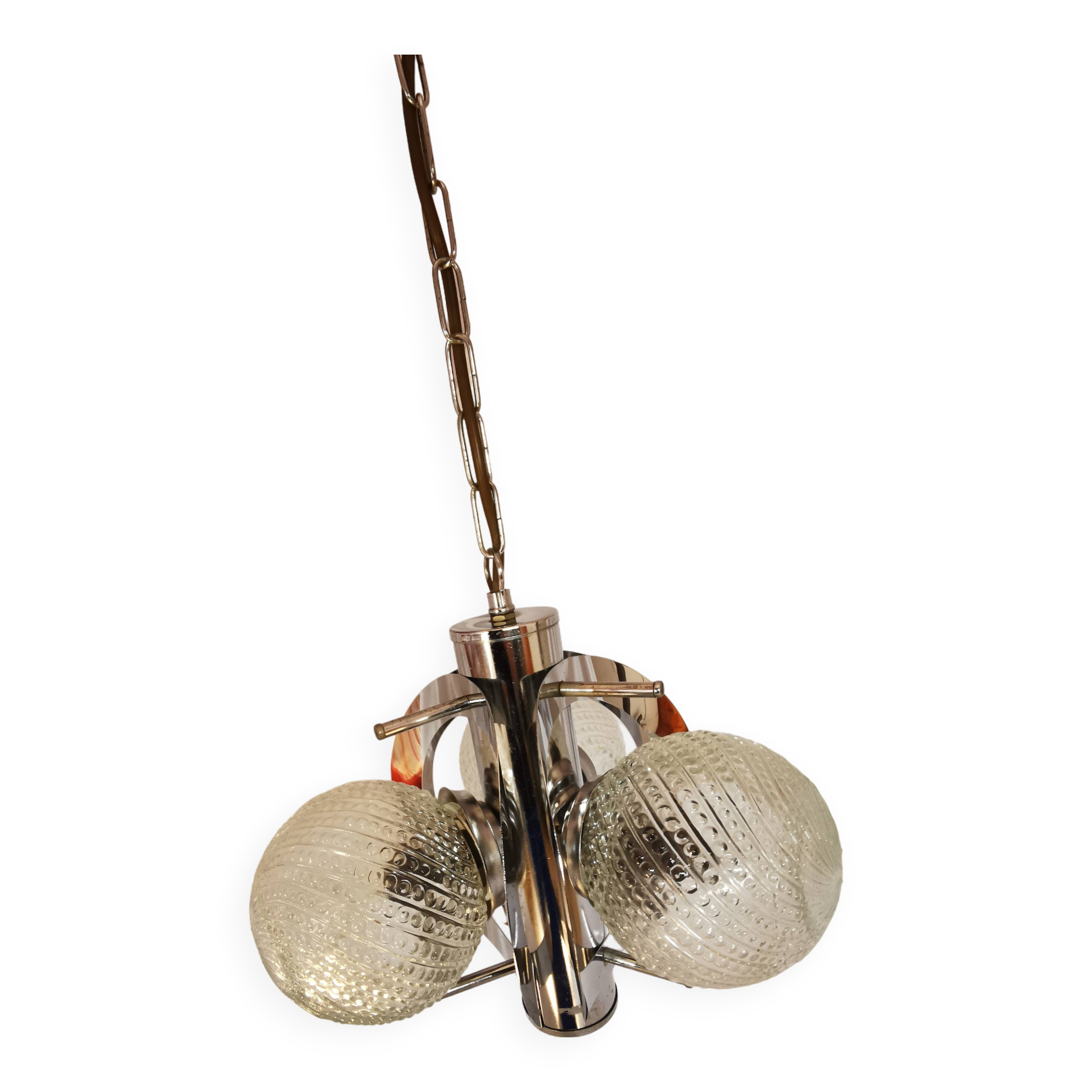 Space age chandelier with 3 lights, stainless steel and cut glass, Mazzega style, 1970