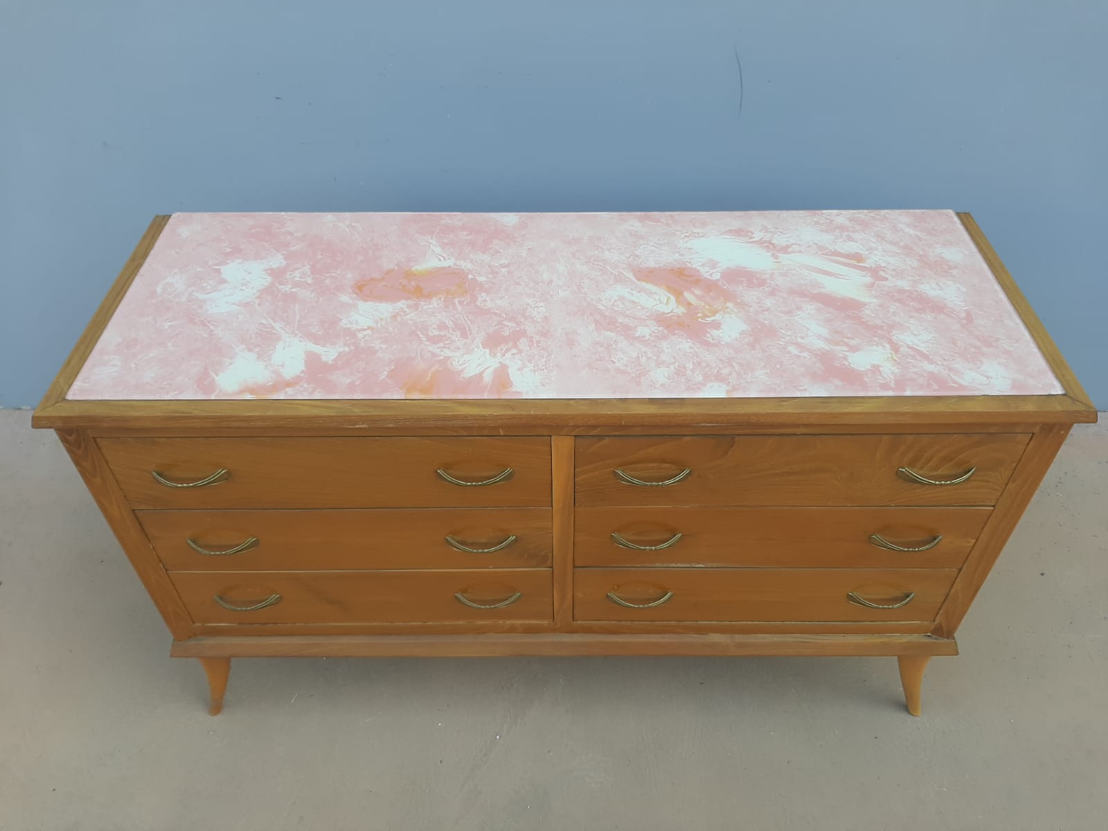 Vintage chest of drawers over glass decorated light oak 60's