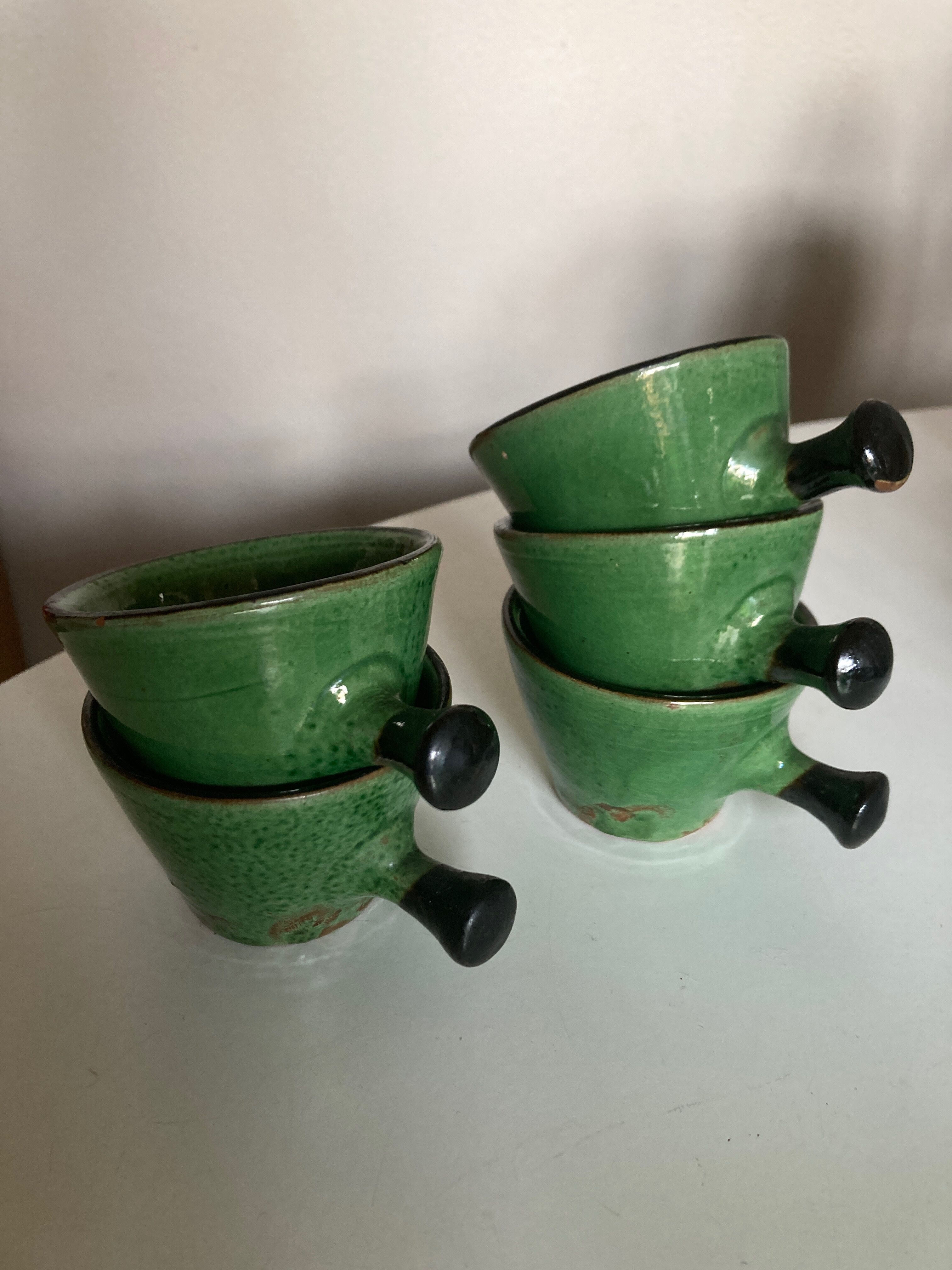 Set of 5 cups in green glazed clay Dieulefit 1960
