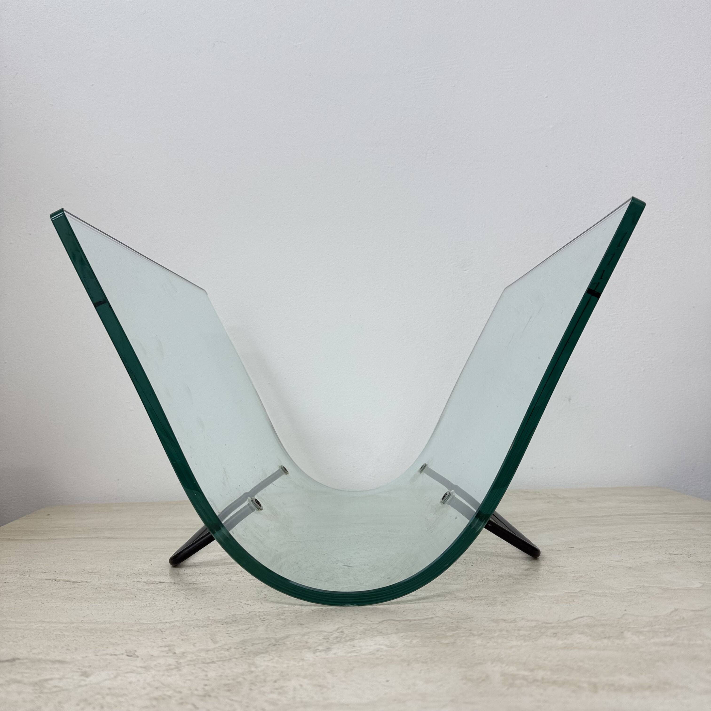 Post modern Fiam Italy curved glass magazine rack , 1980’s