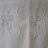 Old embroidered sheet in white linen thread Monogram CB