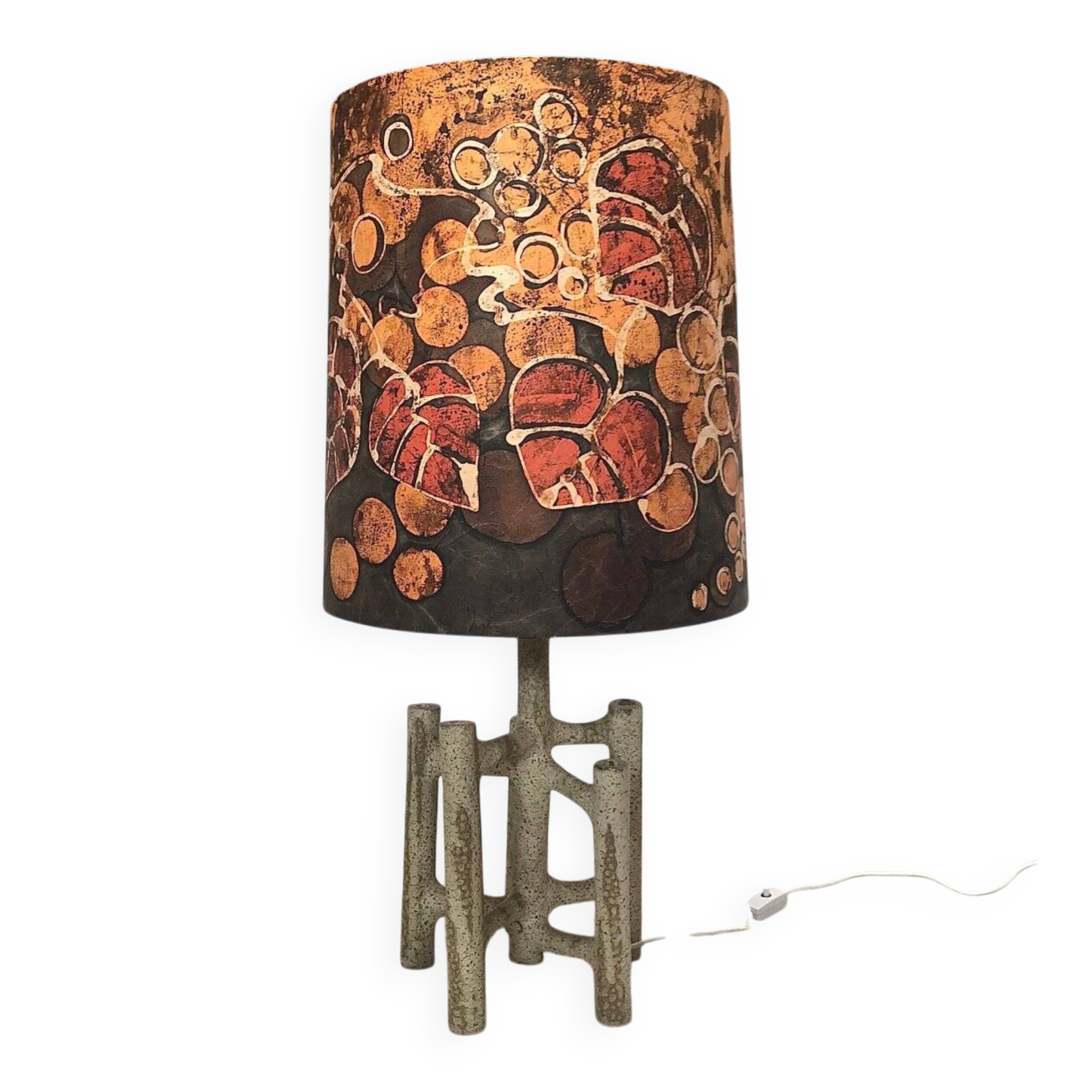 Large sculptural ceramic table lamp with textile batik lampshade, 1960s