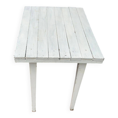Table de cuisine vintage blanche en bois massif avec tiroir XIXème siècle