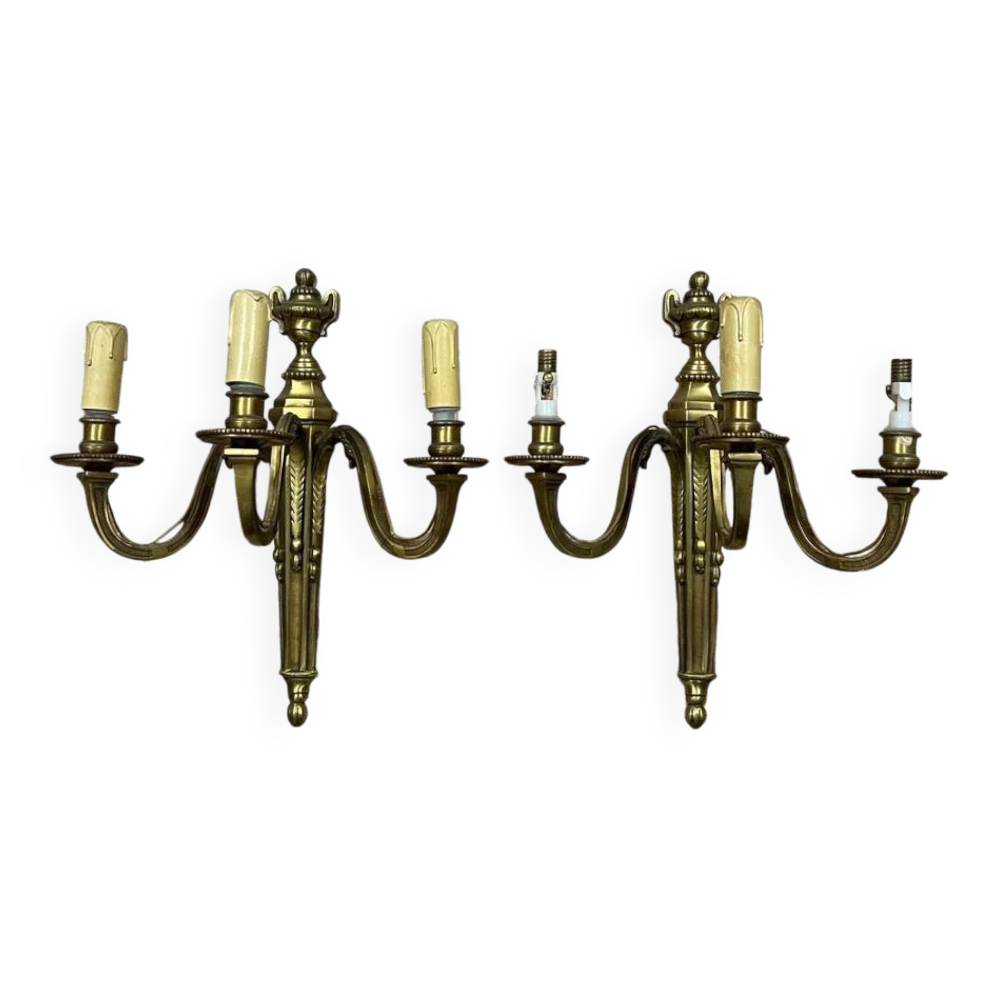 Pair of Louis XVI style gilt bronze wall lights with two light arms, 20th century