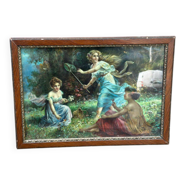 Lithographic tableau of a bucolic scene from the 20th century.