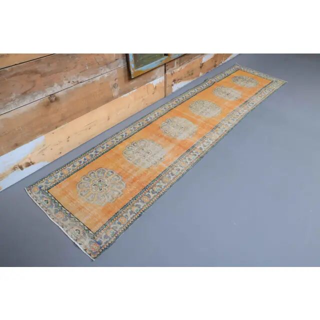 Vintage Turkish Oushak handmade wool cotton orange runner 78x305