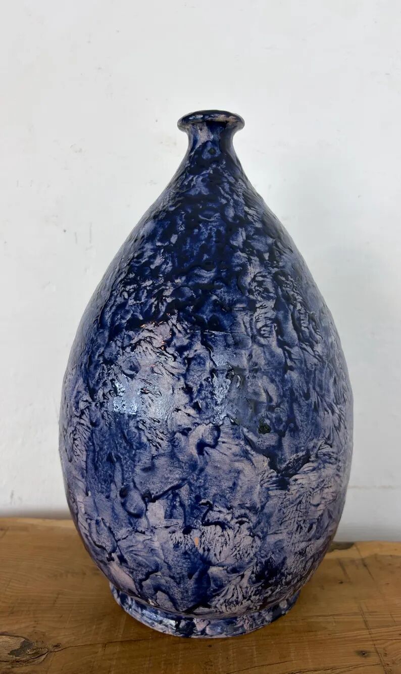 Vintage Mid-Century Studio Art Pottery Cobalt Blue Textured Glaze Teardrop Vase