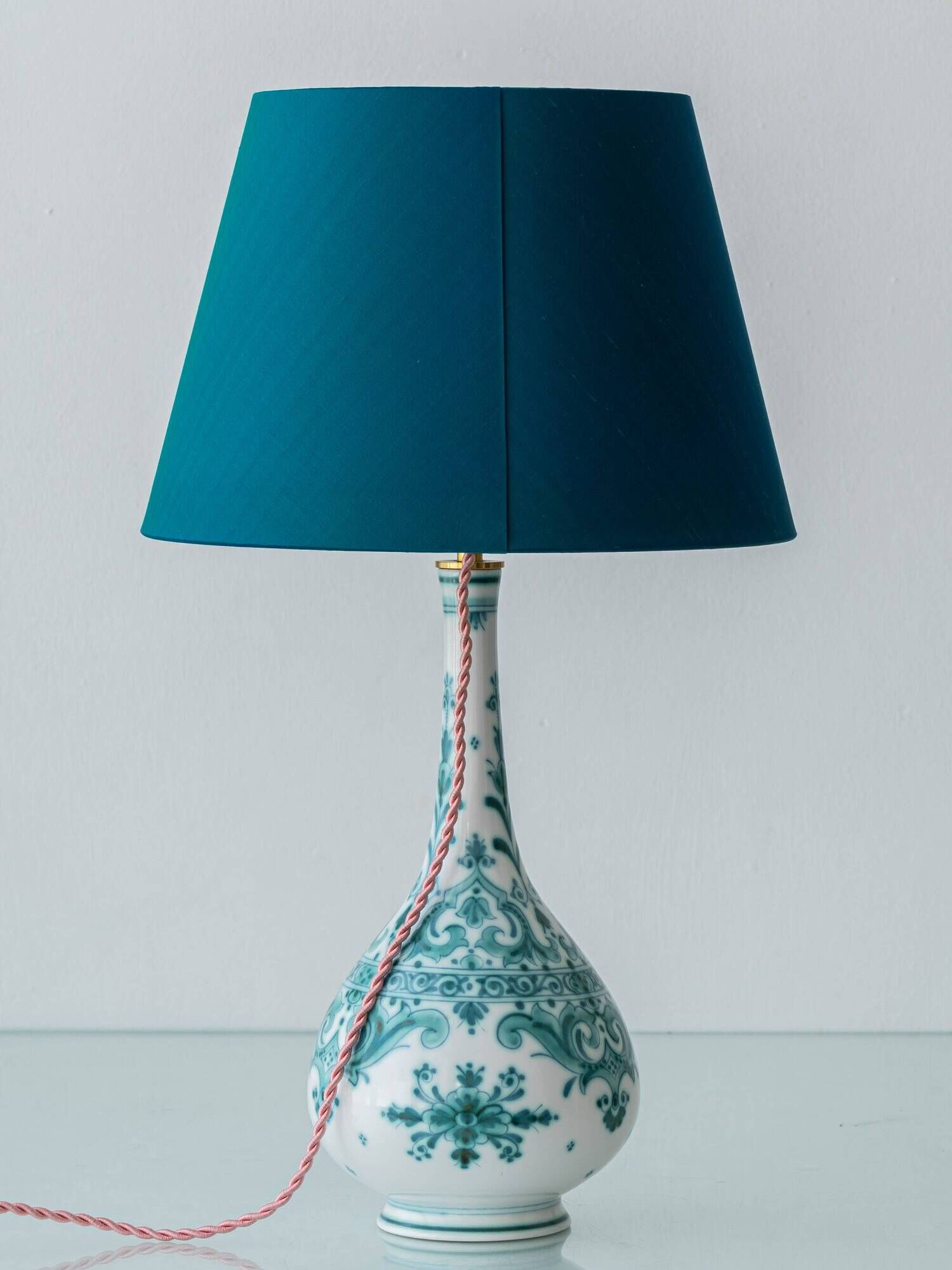 Vintage Royal Delft Ceramic Table Lamp, Rare Teal Delvert Glaze, New Lampshade
