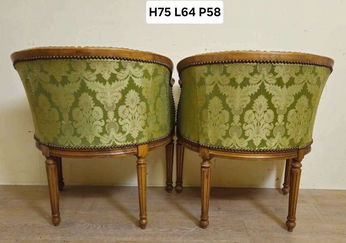 Pair of antique armchairs in Louis XVI style – green damask fabric