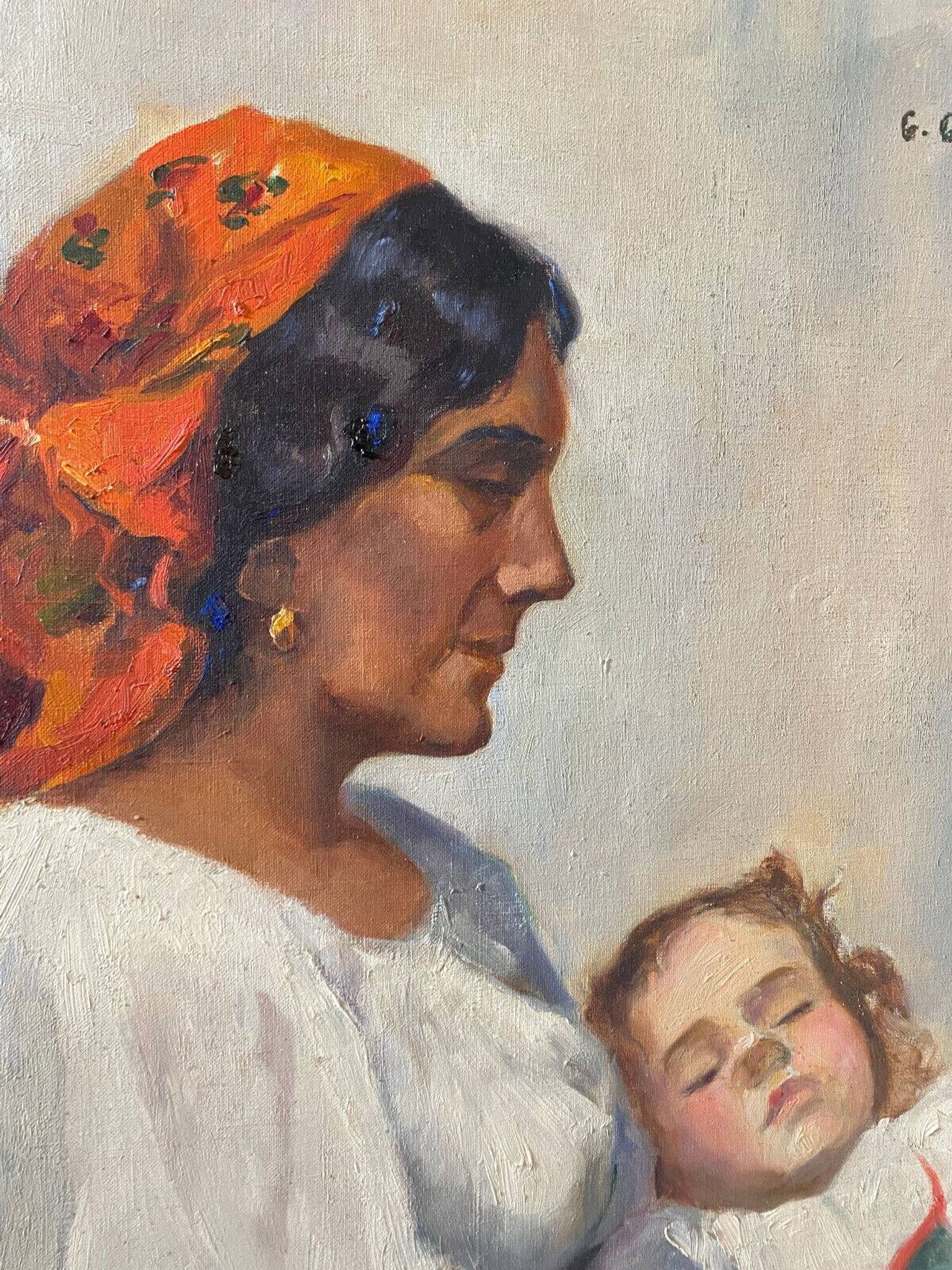 Tableau HST Belle maternité avec enfant endormi signée G. Gloria début XX°