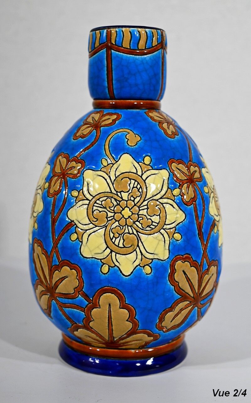 Vase decorated with flowers in enamels of longwy – early twentieth century