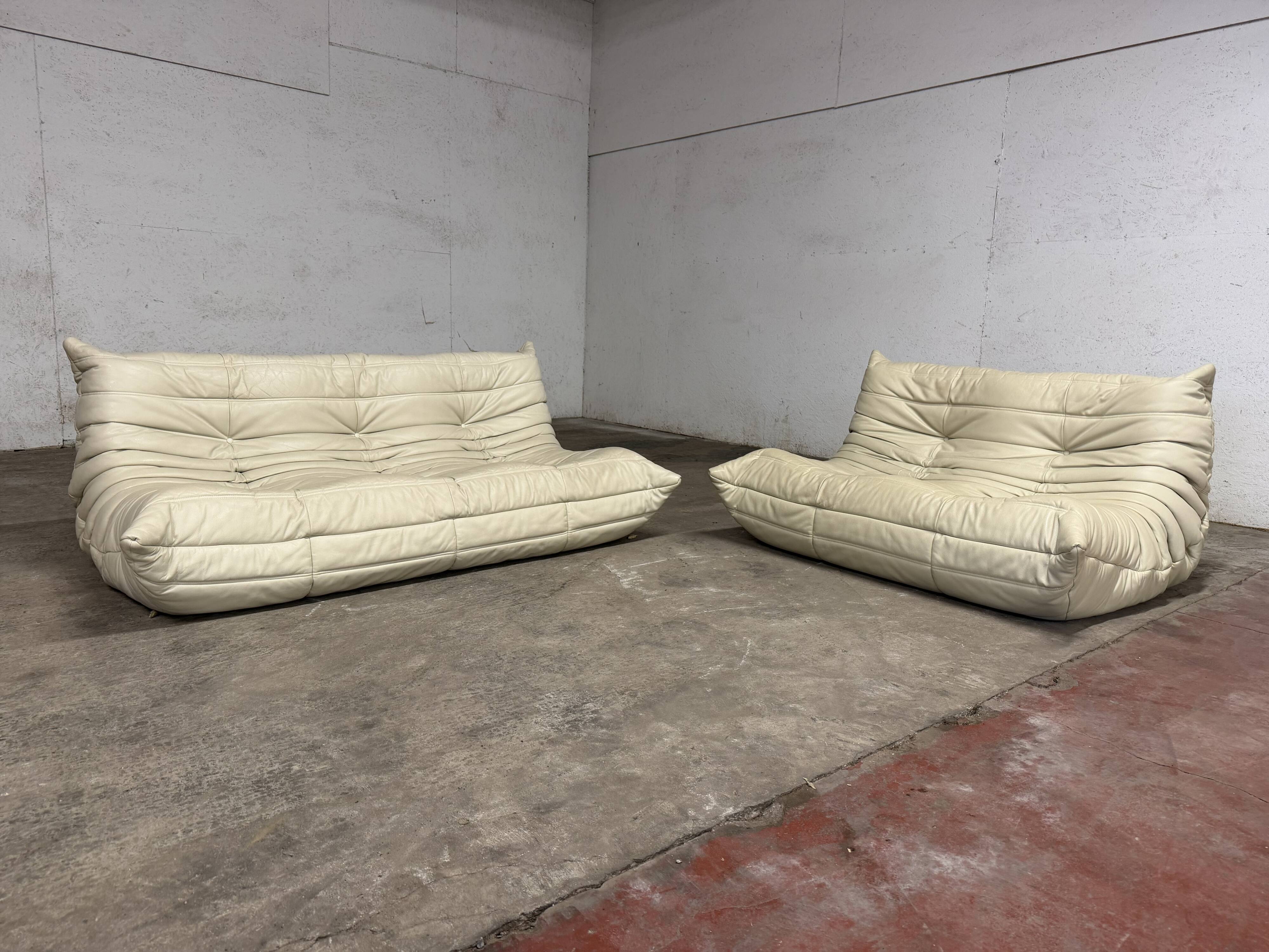 100% authentic Ligne Roset Togo 2-seater + 3-seater, original beige leather.