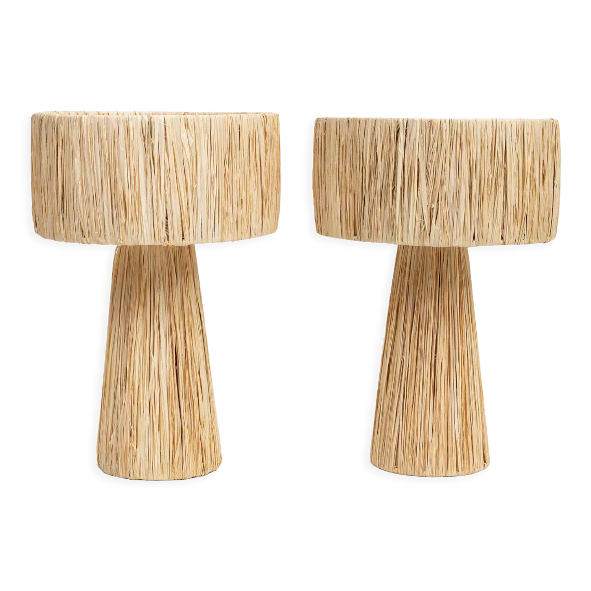 Handmade pair of natural rafia table lamps