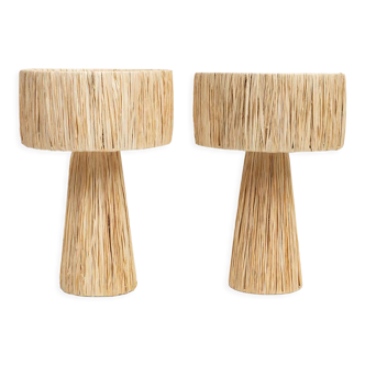 Handmade pair of natural rafia table lamps