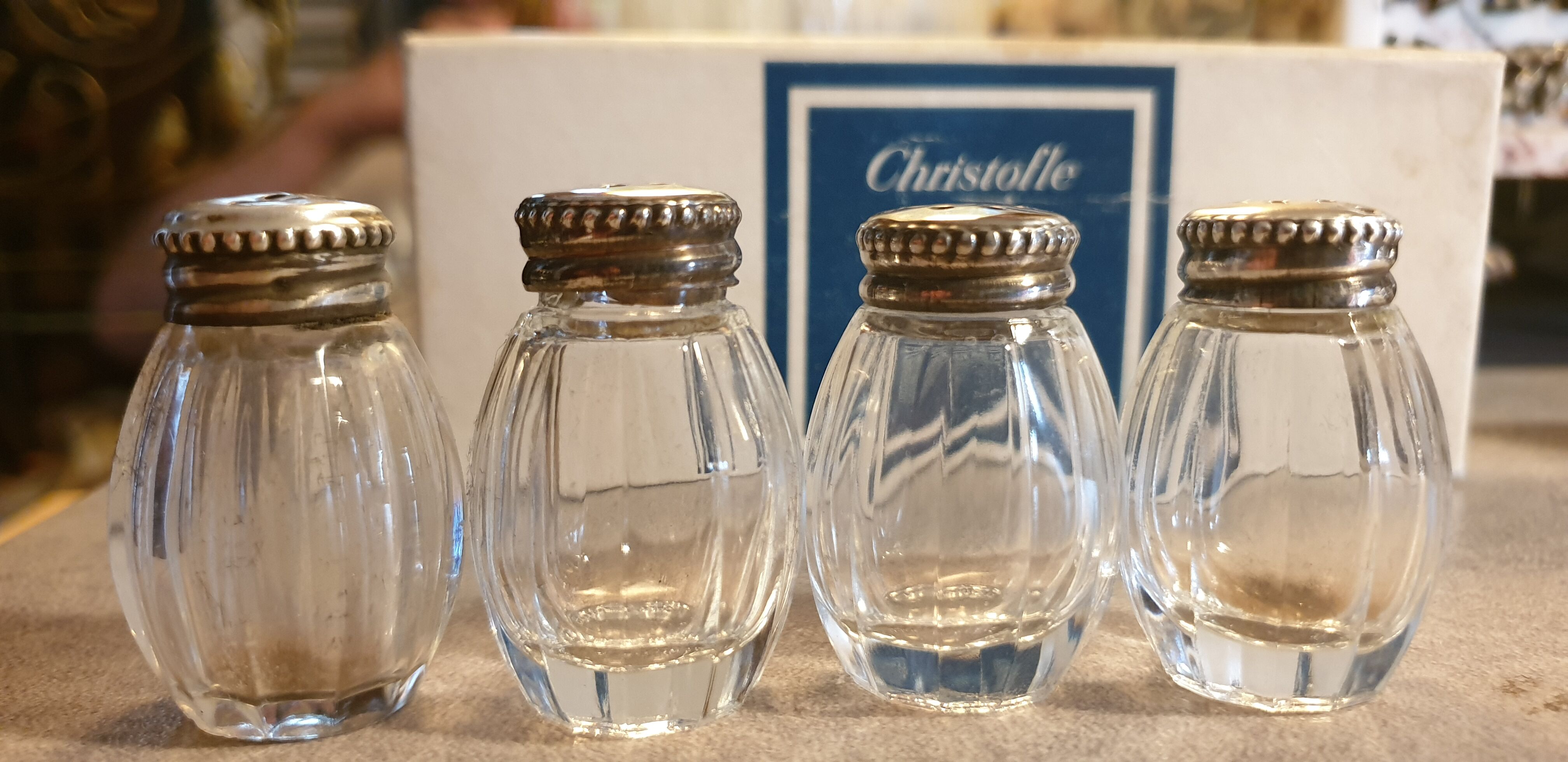 Goldsmith christofle salt shakers salters solid silver & glass