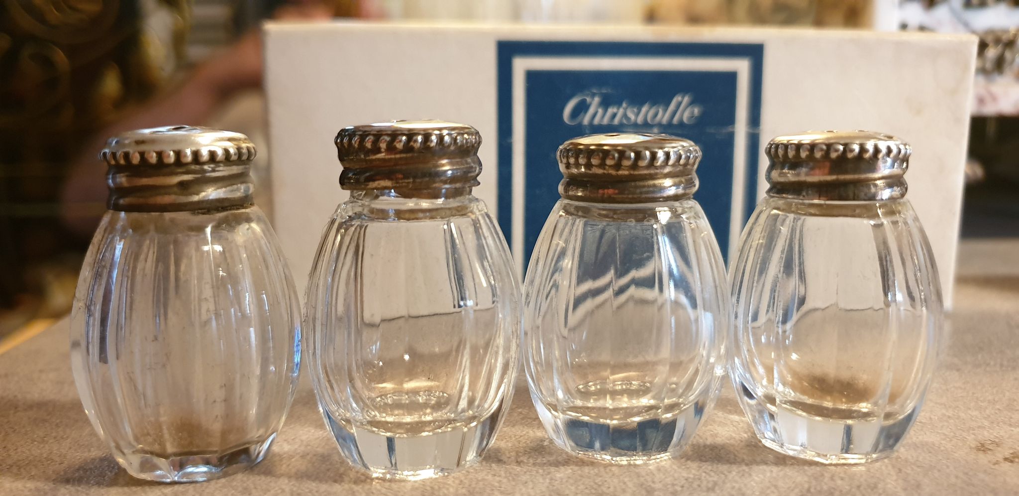 Goldsmith christofle salt shakers salters solid silver & glass