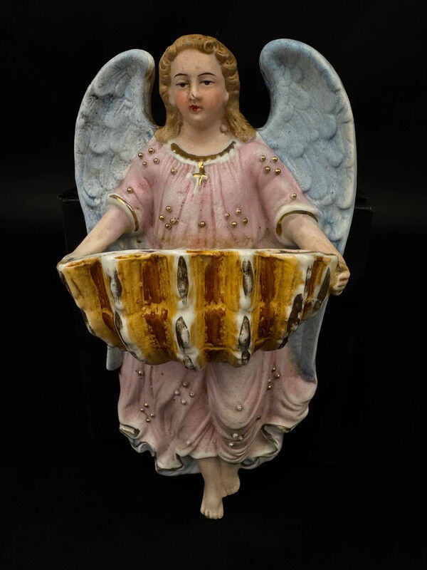 19th century polychrome plaster angel wall stoup