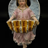 19th century polychrome plaster angel wall stoup