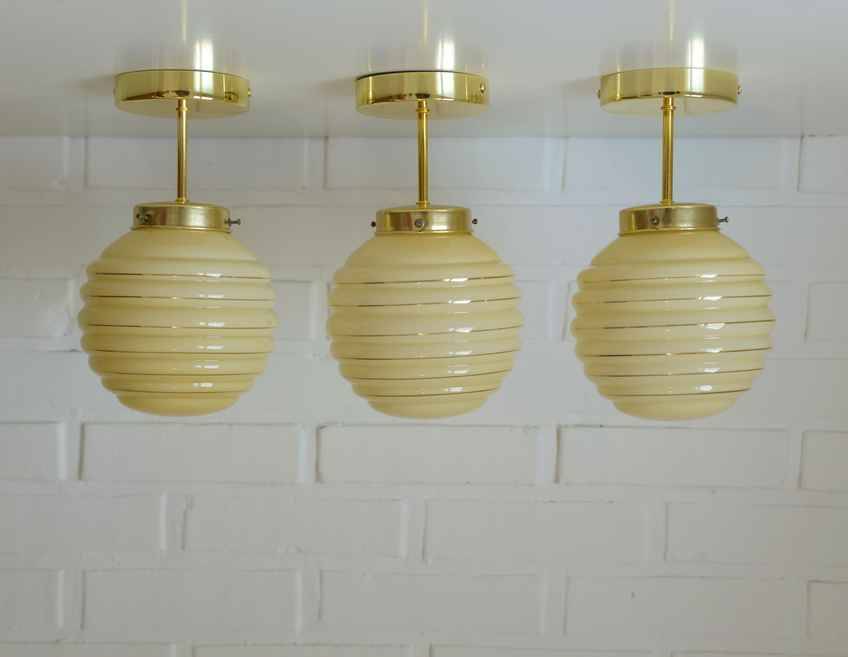 Set Of 3 Art Deco Semi Flush Ceiling Lights | 1940s Beige Hand Blown Glass