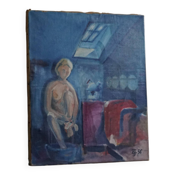 Large oil painting on canvas, unknown artist, 1956, mid-century Danish.