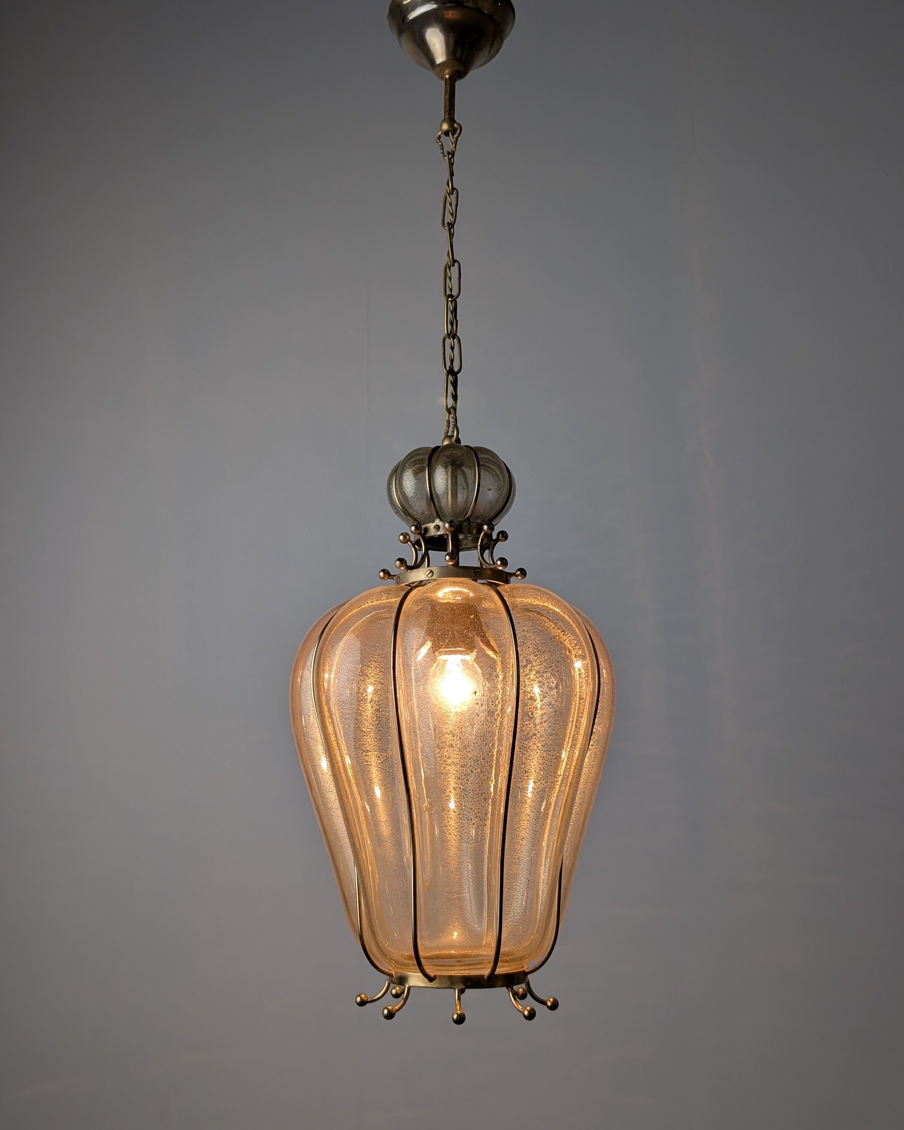 Barovier & Toso Murano blown glass lantern with 24k gold and brass, 1960s
