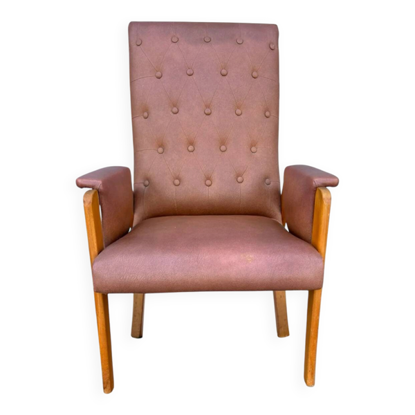 Fauteuil vintage en skai marron clair, années 60