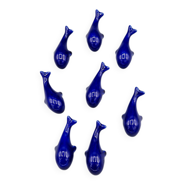 Lot de 6 porte couteaux baleines en porcelaine bleue vintage