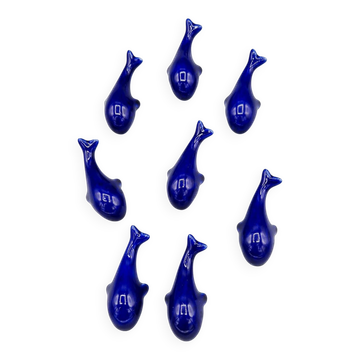 Lot de 6 porte couteaux baleines en porcelaine bleue vintage
