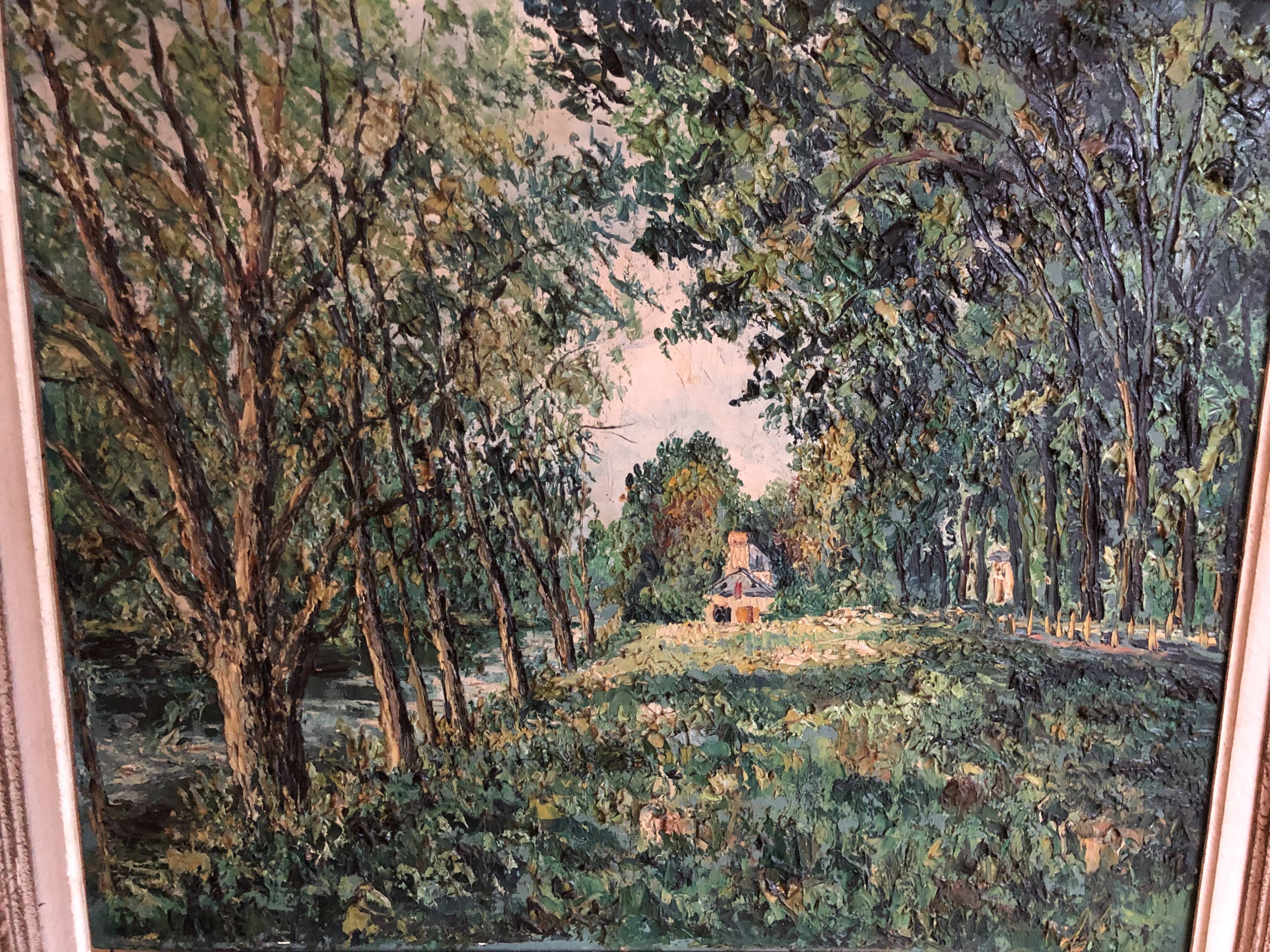 Oil on canvas House by the water