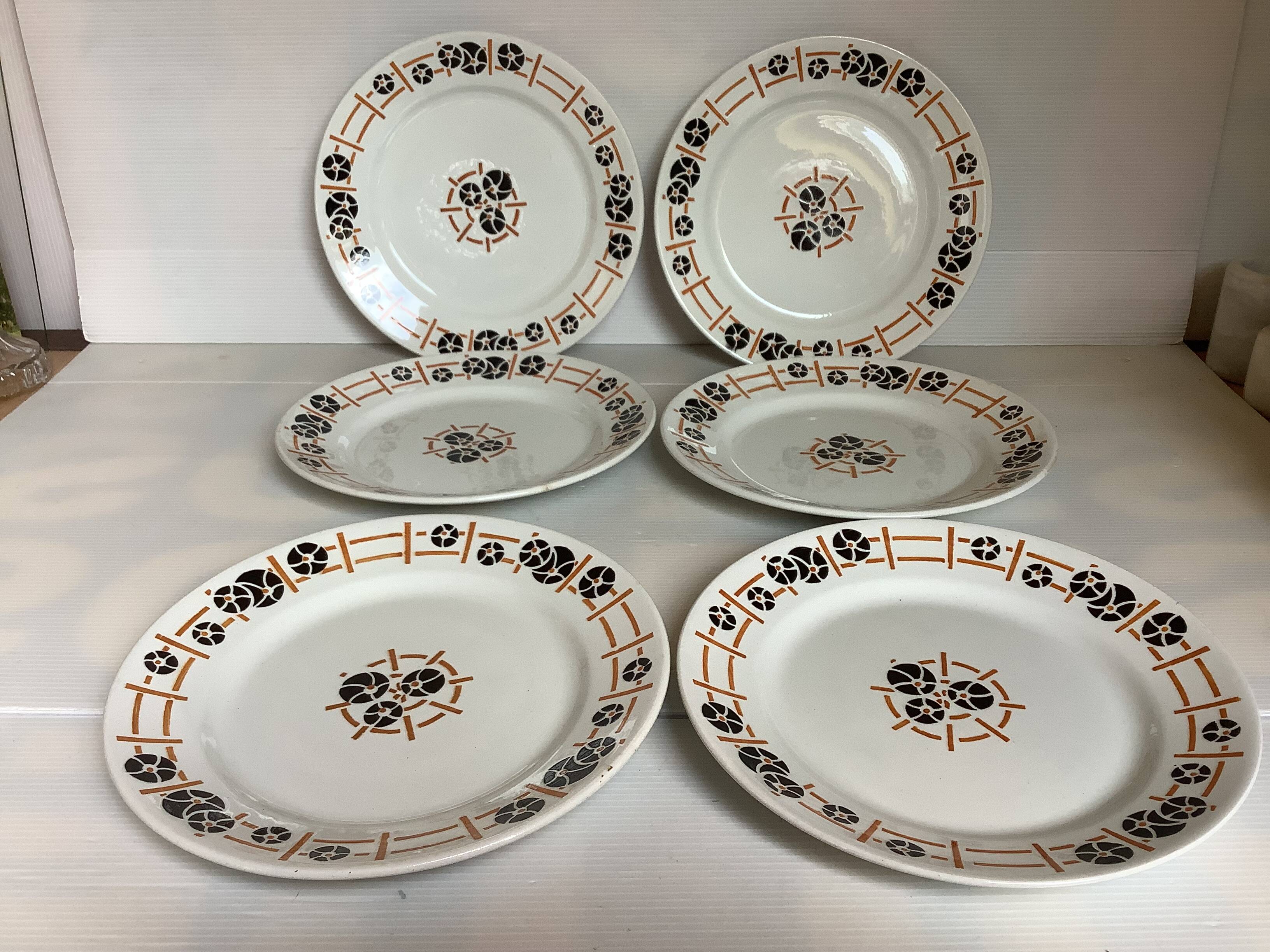 Six old flat plates, earthenware, 1930s, Nymphéas model.