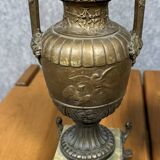 Pair of Napoleon III period vases or cassolettes in spelter with gilded patina