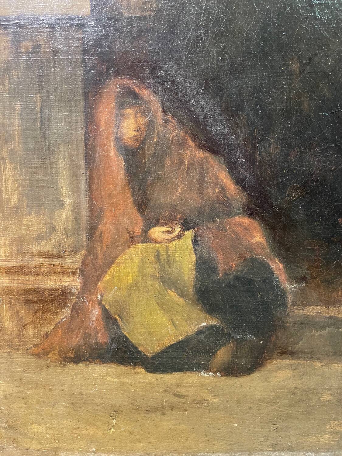 Old painting The beggar woman by G. De Saint Jean, 19th century