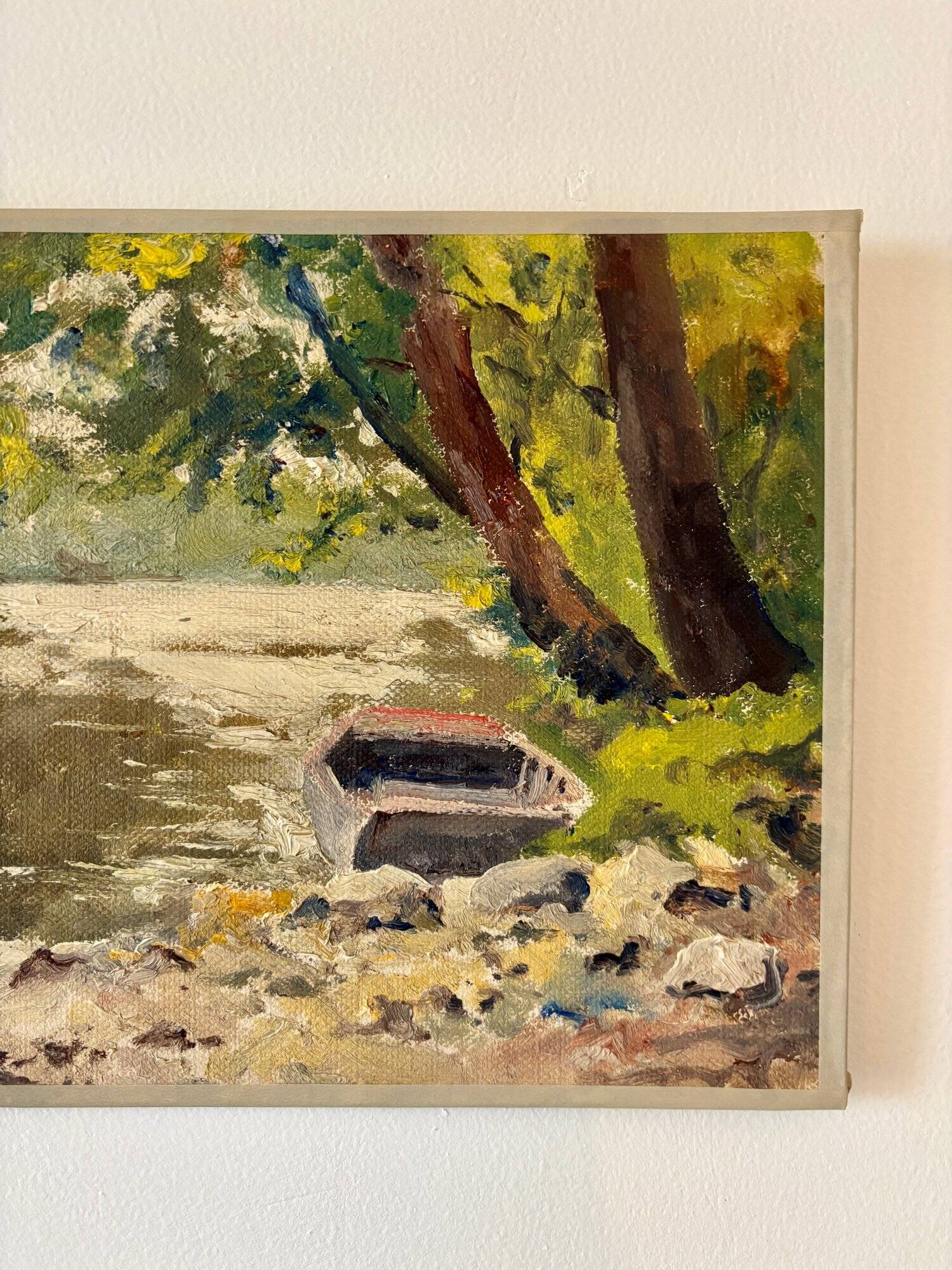 Oil painting on canvas "Forest, river and boat" no. 17