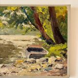 Peinture à l'huile sur toile "Forêt, rivière et barque" n°17