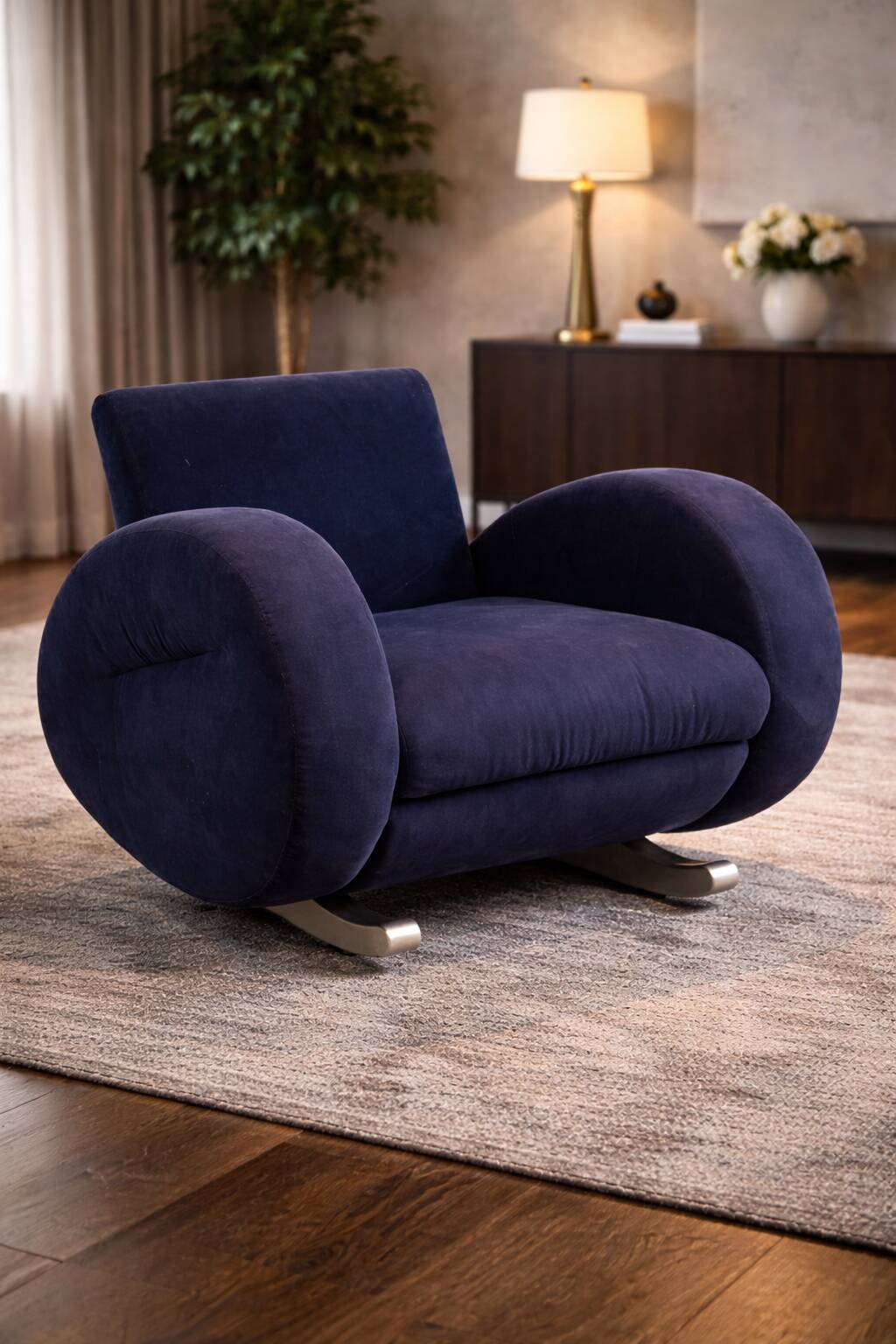 Bretz (Germany) — Rocking Chair / Armchair — Blue Velvet Upholstery — 1980s